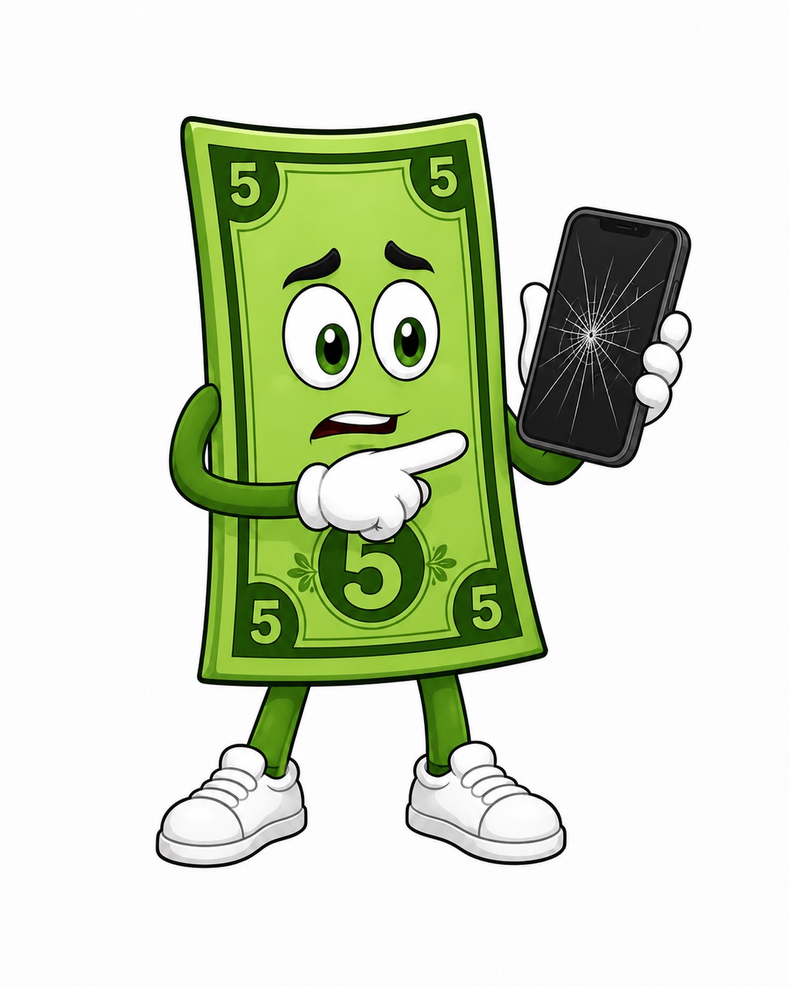 5 Buck Frankie holding a cracked phone